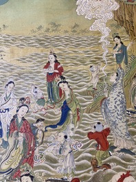 Chinese school, ink and color on canvas: 'Mountainous landscape with goddesses, mythical animals and boys', 19/20th C.